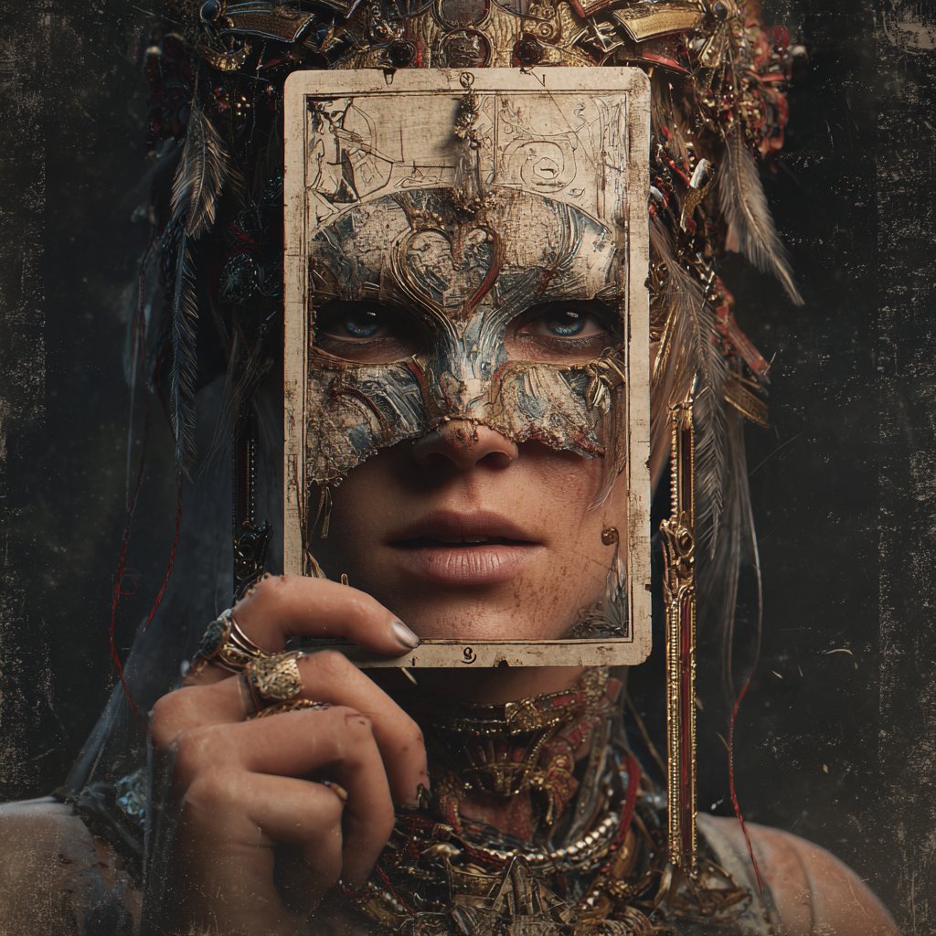 Mujer con máscara sosteniendo una carta de tarot