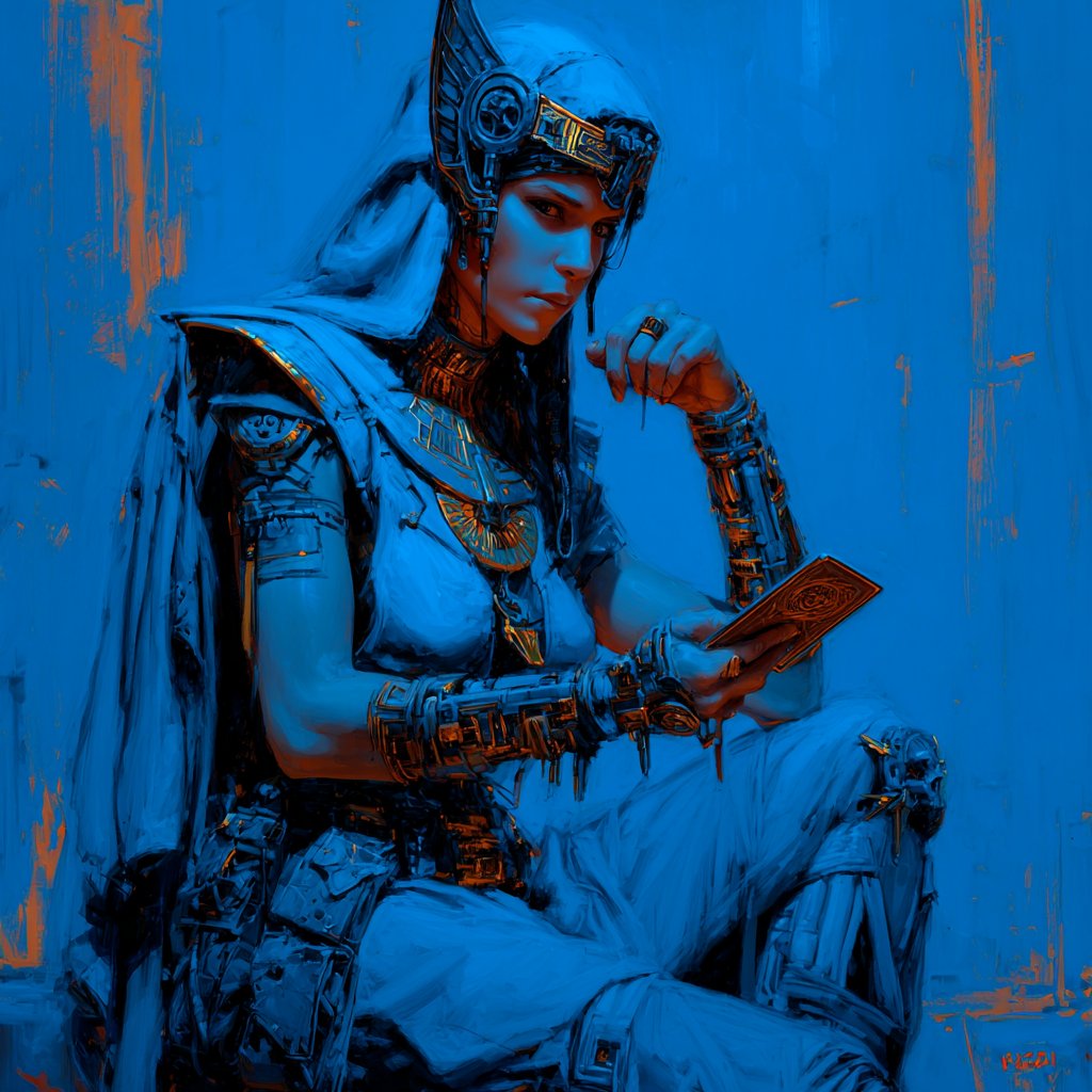 Guerrera mística contemplando una carta dorada