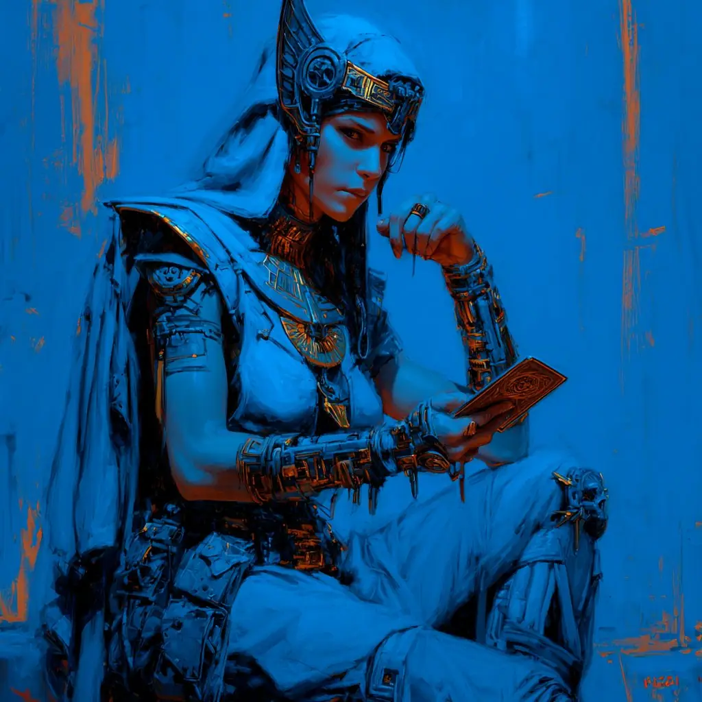 Guerrera mística contemplando una carta dorada